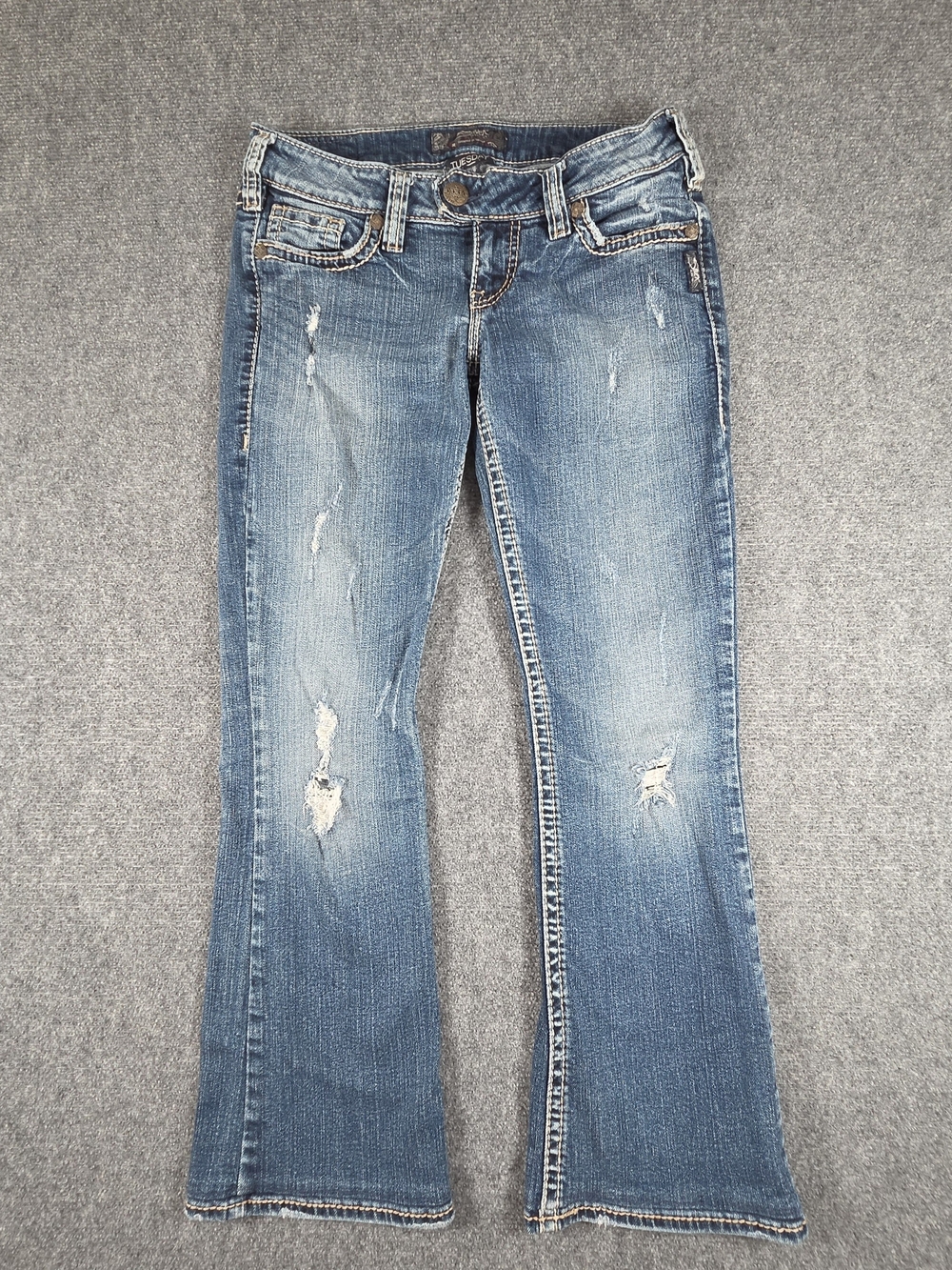 Silver Tuesday Flare Jeans Womens Sz 27x31 (27x27) Hemmed Distressed Blue Denim